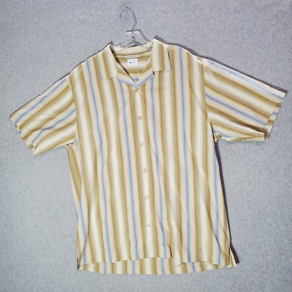 Tommy Bahama Men Button Up Shirt Large‎ Beige Striped 100% Silk Short Sleeve